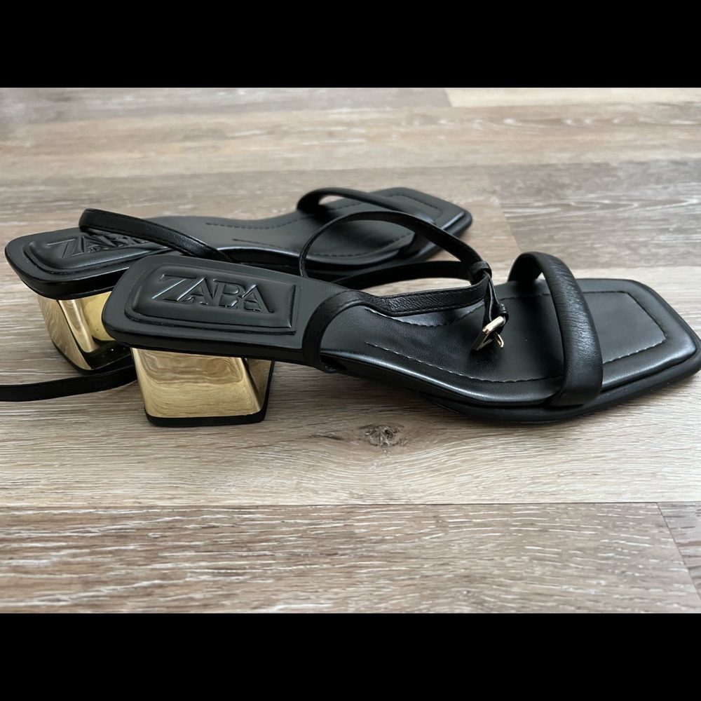 Zara black sandals with golden block heels